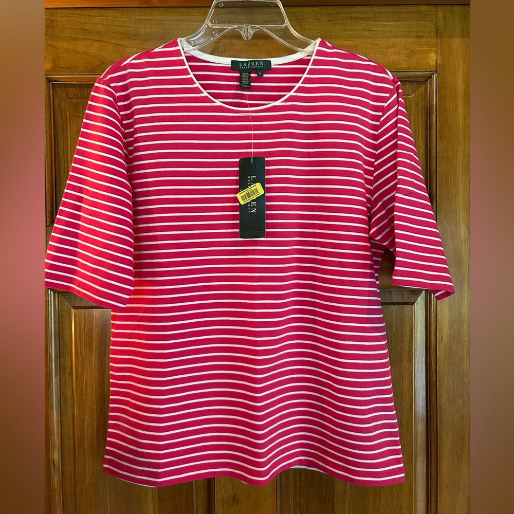 Lauren Ralph Lauren Pink & White Striped Short Sleeve Crewneck Tee